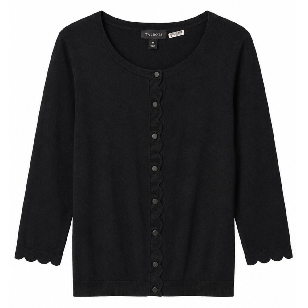 Talbots Womens Black Scalloped Trim Button Front 3/4 Sleeve Cardigan Sweater M